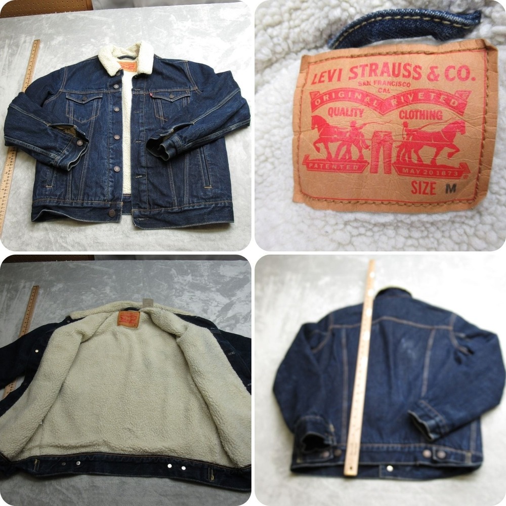 Levis Denim Jacket Men Medium Dark Wash Heavyweight Sherpa Fleece Lined Trucker